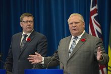 Saskatchewan Premier Scott Moe (left) and Ontario Premier Doug Ford hold a joint news conference after a meeting at Queen's Park in Toronto on Monday, October 29, 2018. THE CANADIAN PRESS/Christopher Katsarov