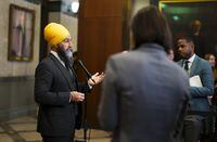 New Democrat Leader Jagmeet Singh says he thinks his party has more leverage to push for things it wants in the next federal budget. Singh speaks to reporters in the foyer of the House of Commons on Parliament Hill in Ottawa on Wednesday, March 8, 2023. THE CANADIAN PRESS/Sean Kilpatrick