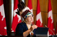 Manitoba Regional Chief Cindy Woodhouse of the Assembly of First Nations speaks during a press conference on a revised final settlement agreement to compensate First Nations children and families in Ottawa, on Wednesday, April 5, 2023. THE CANADIAN PRESS/Spencer Colby