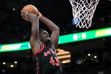 Toronto Raptors forward Pascal Siakam (43) dunks during first half NBA basketball action against the Detroit Pistons in Toronto on Friday, March 24, 2023. THE CANADIAN PRESS/Frank Gunn