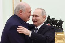 FILE - Belarusian President Alexander Lukashenko, left, and Russian President Vladimir Putin embrace each other during their meeting at the Kremlin in Moscow, Russia, Wednesday, April 5, 2023. Lukashenko has welcomed thousands of Russian troops to his country, allowed the Kremlin to use it to launch the invasion of Ukraine on Feb. 24, 2022, and offered to station some of Moscow’s tactical nuclear weapons there. But he has avoided having Belarus take part directly in the fighting – for now. (Pavel Byrkin, Sputnik, Kremlin Pool Photo via AP, File)