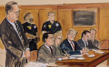 In this courtroom sketch, former President Donald Trump, seated center, watches as Assistant District Attorney Christopher Conroy, left, outlines the case against him during Trump's arraignment in court, Tuesday, April 4, 2023, in New York. Seated, from left, are: defense attorneys Todd Blanche and Susan Necheles, Trump, and defense attorney Joe Tacopina and Boris Epshteyn. (Elizabeth Williams via AP)