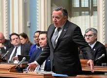 Quebec Premier Francois Legault responds to the Opposition over the third link between Levis and Quebec City, at the legislature in Quebec City, Wednesday, April 19, 2023. THE CANADIAN PRES/Jacques Boissinot