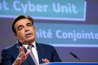 European Commission Vice President Margaritis Schinas speaks during a news conference on security and cybersecurity strategy at the EU headquarters in Brussels, Belgium June 23, 2021. Kenzo Tribouillard/Pool via REUTERS