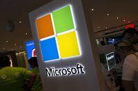 FILE PHOTO: The Microsoft logo is seen at the Microsoft store in New York City, July 28, 2015. The global launch of the Microsoft Windows 10 operating system will take place on July 29. REUTERS/Mike Segar/File Photo
