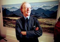 (Dec. 5/02) - Sobey Art Foundation Donates Painting - Donald Sobey stands in front of a painting he donated to the Art Gallery of Nova Scotia.  The painting titled "Mountain Meadow" was done by Ivan Eyre and is an oil on canvas.   The Sobey family announced the Sobey Art Foundation, that will donate a cash award to deserving Canadian artists.(Photo by Sandor Fizli / The Globe & Mail)