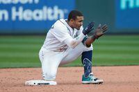 Oct 15, 2022; Seattle, Washington, USA; Seattle Mariners center fielder Julio Rodriguez (44) reacts on second base after a double in the eighth inning against the Houston Astros during game three of the ALDS for the 2022 MLB Playoffs at T-Mobile Park. Mandatory Credit: Joe Nicholson-USA TODAY Sports
