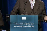 Peter Brown, CEO of Canaccord Capital, speaks to shareholders during the annual general meeting in Vancouver, BC, August 5, 2005.Lyle Stafford/The Globe and Mail