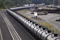 A northbound oil train sits idled on tracks, stopped by protesters blocking the track ahead, in Everett, Wash., on Sept. 2, 2014.