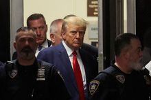 Former U.S. President Donald Trump arrives at Manhattan Criminal Courthouse, after his indictment by a Manhattan grand jury following a probe into hush money paid to porn star Stormy Daniels, in New York City, U.S., April 4, 2023. REUTERS/Brendan McDermid