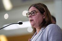 Workers at Manitoba's auto insurance Crown corporation went on strike Monday, as Premier Heather Stefanson criticized union leaders for rejecting a wage offer. Stefanson speaks during a news conference, in Winnipeg, on Monday, June 19, 2023. THE CANADIAN PRESS/Darryl Dyck