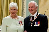 Journalist and politican Pat Carney of Saturna Island, British Colunbia, stands with Governor General David Johnston after she was invested into the Order of Canada as member during a ceremony at Rideau Hall in Ottawa, Friday September 16 2011. The former member of Parliament, Senator and trailblazer died Tuesday at the age of 88. THE CANADIAN PRESS/Fred Chartrand