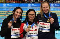 Maggie Mac Neil of Canada, centr,e Torri Huske of the U.S., left, and Louise Hansson of Sweden display their medals after the women's 100m butterfly final during the world swimming short course championships in Melbourne, Australia, Sunday, Dec. 18, 2022. Mac Neil closed out the FINA World Swimming Championships in style on Sunday by setting a world record in the women's 100-metre butterfly. THE CANADIAN PRESS/AP/Asanka Brendon Ratnayake