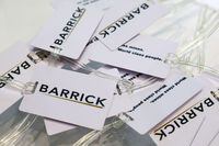 FILE PHOTO:  Souvenir luggage tags are displayed at a Barrick Gold Corp at the Prospectors and Developers Association of Canada (PDAC) annual conference in Toronto, Ontario, Canada March 1, 2020.  REUTERS/Chris Helgren/File photo