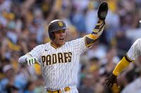 San Diego Padres' Juan Soto celebrates after scoring on single by Brandon Drury during the fifth inning in Game 2 of the baseball NL Championship Series between the San Diego Padres and the Philadelphia Phillies on Wednesday, Oct. 19, 2022, in San Diego. (AP Photo/Brynn Anderson)