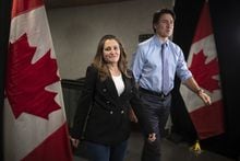 Deputy Prime Minister and Finance Minister Chrystia Freeland, along with Prime Minister Justin Trudeau, arrive at the Hamilton Convention Centre, in Hamilton, Ont., ahead of the Liberal Cabinet retreat, on Monday, January 23, 2023. THE CANADIAN PRESS/Nick Iwanyshyn