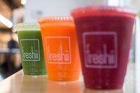 Cups of fresh squeezed juice are seen at a Freshii restaurant in Vancouver, B.C., on Wednesday January 24, 2018.Foodtastic Inc. has signed a deal to buy healthy fast food restaurant chain Freshii Inc. for $74.4 million.&nbsp;THE CANADIAN PRESS/Darryl Dyck