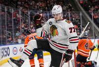 Chicago Blackhawks' Kirby Dach (77) celebrates a goal against the Edmonton Oilers during third period NHL action in Edmonton on Wednesday, February 9, 2022.THE CANADIAN PRESS/Jason Franson 