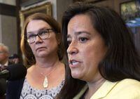 Independent Members of Parliament Jane Philpott and Jody Wilson-Raybould speak with the media before Question Period in the Foyer of the House of Commons in Ottawa, Wednesday April 3, 2019. THE CANADIAN PRESS/Adrian Wyld