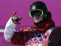 Canada's Maxence Parrot reacts after a run during the men's snowboard slopestyle qualifying at the Rosa Khutor Extreme Park ahead of the 2014 Winter Olympics, Thursday, Feb. 6, 2014, in Krasnaya Polyana, Russia.