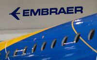 The logo of Brazilian planemaker Embraer SA is seen at the company's headquarters in Sao Jose dos Campos, Brazil February 28, 2018.