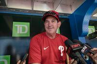 Philadelphia Phillies interim manager Rob Thomson is photographed during a press conference ahead of interleague MLB action against the Toronto Blue Jays, in Toronto, on Tuesday, July 12, 2022. Thomson will become the first Canadian to manage a Major League Baseball game in Canada on Tuesday night.  THE CANADIAN PRESS/Christopher Katsarov