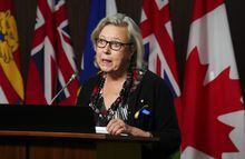 Green Party leadership candidate Elizabeth May speaks during a press conference on Parliament Hill in Ottawa on Thursday, Sept. 29, 2022. THE CANADIAN PRESS/Sean Kilpatrick