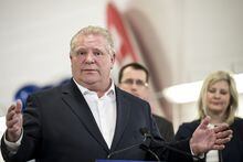 Ontario Premier Doug Ford gives remarks at a car dealership in Toronto, on Monday, April 1, 2019. THE CANADIAN PRESS/Christopher Katsarov