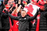 Canada head coach John Herdman celebrates the team's win following second half CONCACAF World Cup soccer qualifying action against Jamaica, in Toronto on Sunday, March 27, 2022. THE CANADIAN PRESS/Frank Gunn