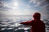 A researcher points out a possible sighting of wildlife aboard the Finnish icebreaker MSV Nordica as it traverses the Northwest Passage through the Canadian Arctic Archipelago, Saturday, July 22, 2017. Alongside the melt, more and more ships are sweeping across the Northwest Passage as a heating planet clears a path for boat traffic through the Arctic corridor, raising hopes for commercial viability as well as concerns about the environmental and social impact. THE CANADIAN PRESS//David Goldman