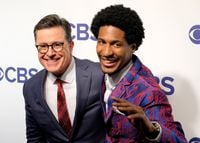 NEW YORK, NY - MAY 16:  Stephen Colbert (L) and Jon Batiste attend the 2018 CBS Upfront at The Plaza Hotel on May 16, 2018 in New York City.  (Photo by Matthew Eisman/Getty Images)