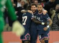 PSG's Lionel Messi, center, celebrates after scoring his side's second goal during the Champions League Group A soccer match between Paris Saint-Germain and Manchester City at the Parc des Princes in Paris, Tuesday, Sept. 28, 2021. (AP Photo/Christophe Ena)