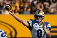Winnipeg Blue Bombers quarterback Zach Collaros (8) throws during first half CFL football game action against the Hamilton Tiger Cats in Hamilton, Ont. on Saturday, September 17, 2022. THE CANADIAN PRESS/Peter Power